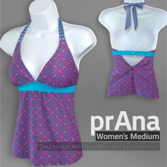 Prana Lahari Pink Blue Geometric Print Halter Tankini Top Womens Medium EUC - Picture 1 of 12